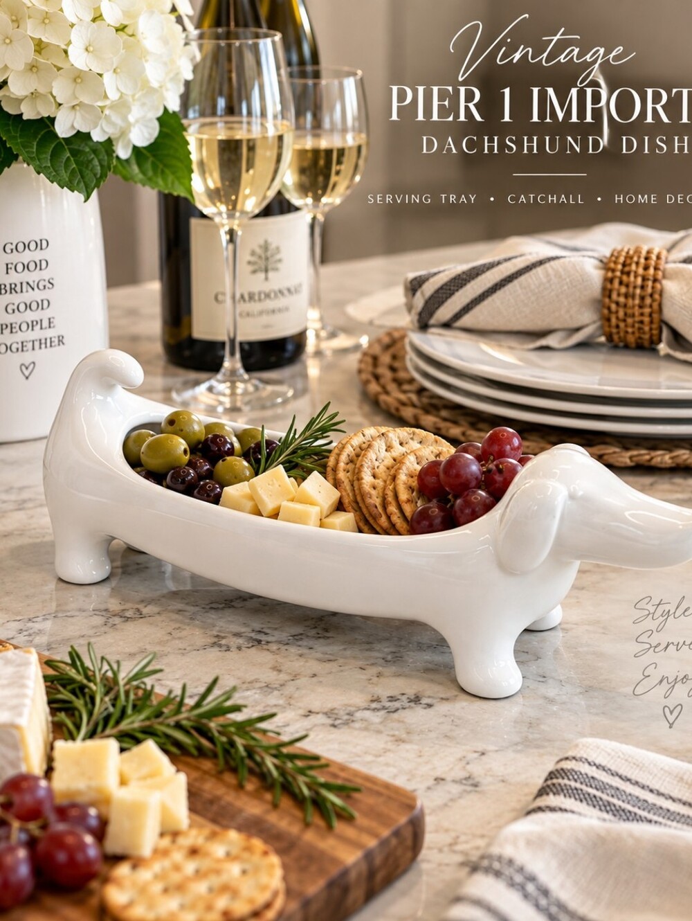Vintage Pier 1 Imports Dachshund Dish Bowl White Ceramic Serving Tray Catchall